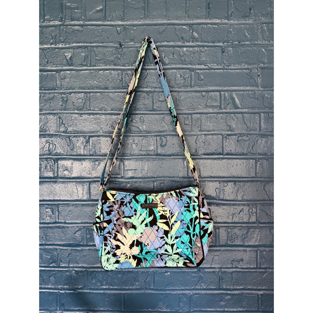 Vera Bradley Quilted Cotton Crossbody Bag Blue Green Floral Leaf Print Zip Top
